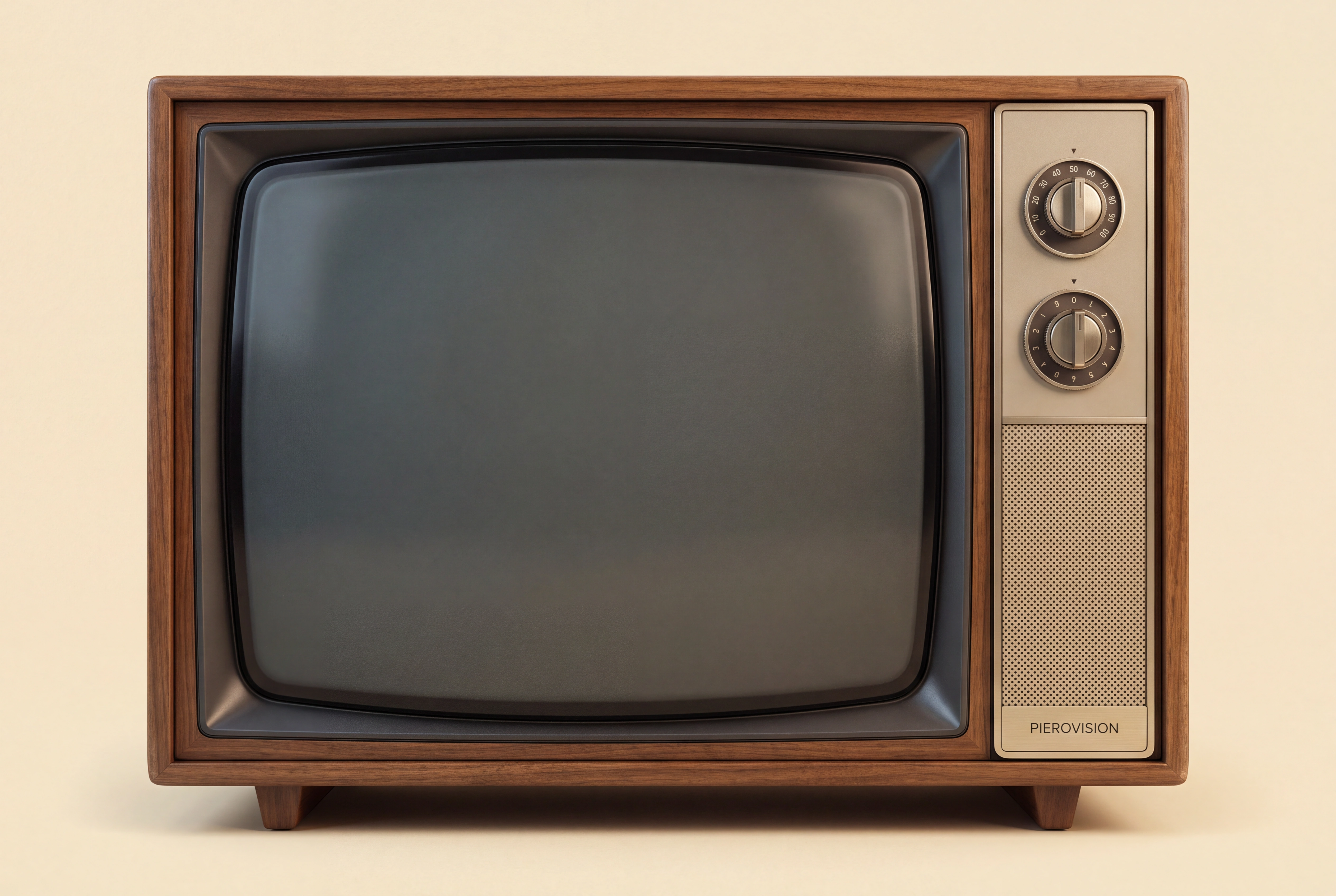 A photographic 1970s walnut television with a curved glass screen, brass tuning knobs and speaker grille